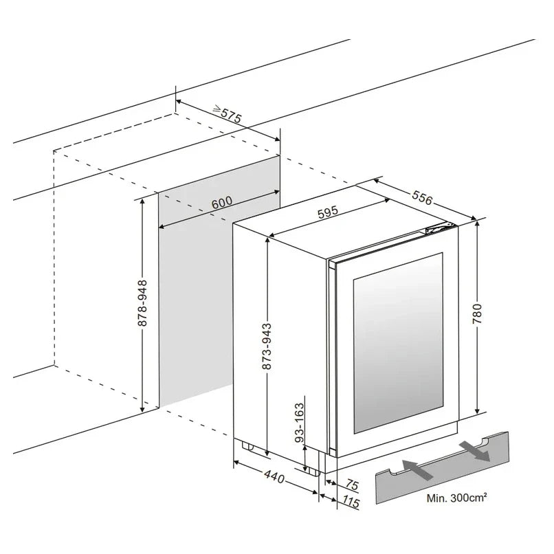 Einbauzeichnung Unterbau-Weinkühlschrank mQuvée WineCave Exclusive 780 60D Push/Pull