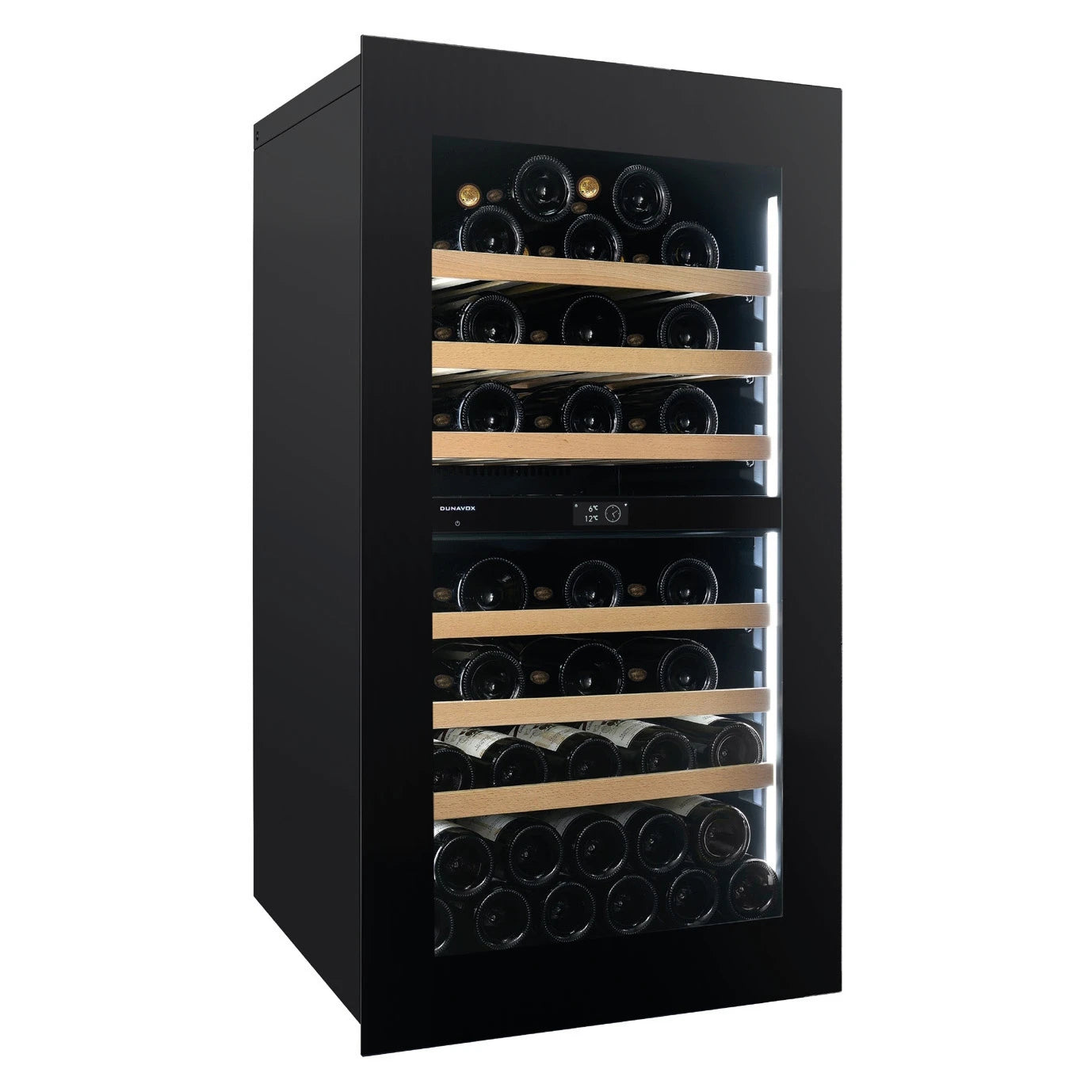 Dunavox Noble-56 voll integrierter Einbau-Weinkühlschrank in Schwarz mit Holzregalen, Doppelzone und LED-Beleuchtung