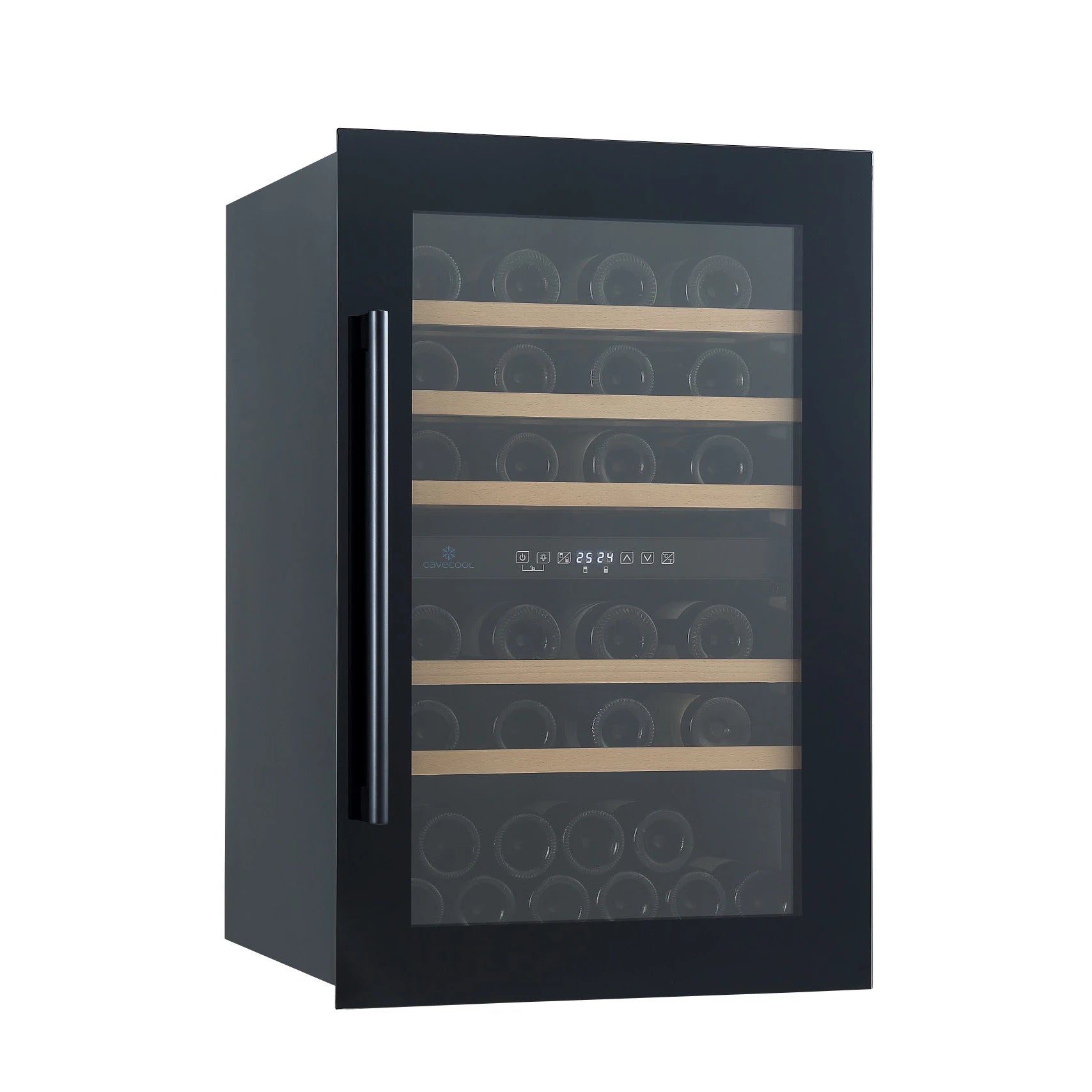 Weinkühlschrank Cavecool Morion Galena CCI152DB in Schwarz mit Glastür, Holzregalen und liegenden Weinflaschen. Digitale Anzeige zeigt 23/4°C.