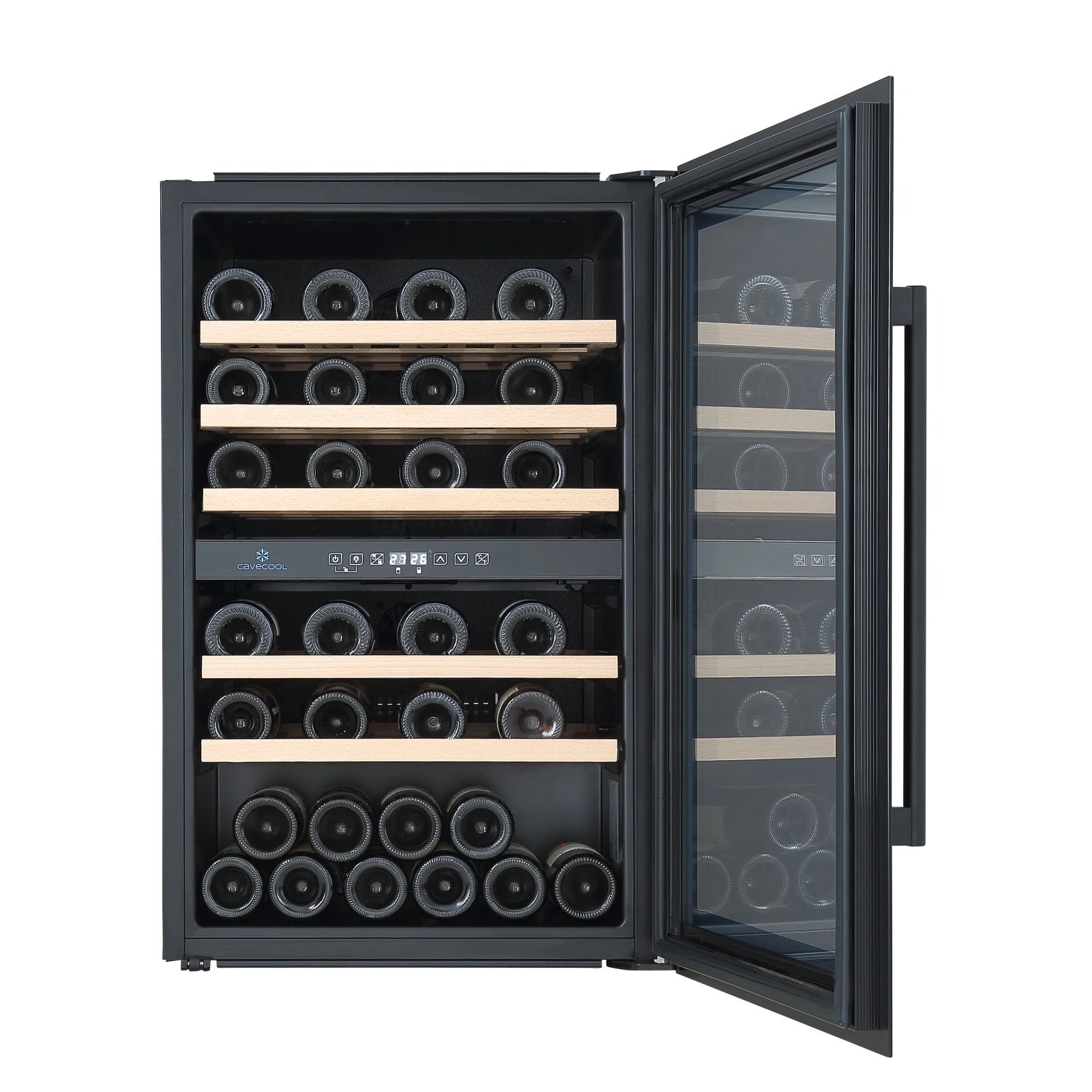 Weinkühlschrank Cavecool Morion Galena CCI152DB in Schwarz, Tür offen, Innenansicht mit Holzregalen und vielen liegenden Weinflaschen, Anzeige 26/8°C.