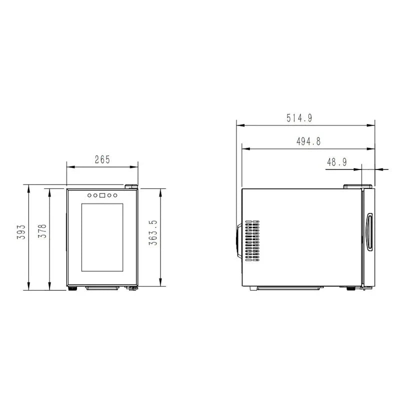 Maßzeichnung freistehender Weinkühlschrank Cavin Tundra Collection 6 mit Vorder- und Seitenansicht: 265 mm Breite, 393 mm Höhe, 514,9 mm Tiefe
