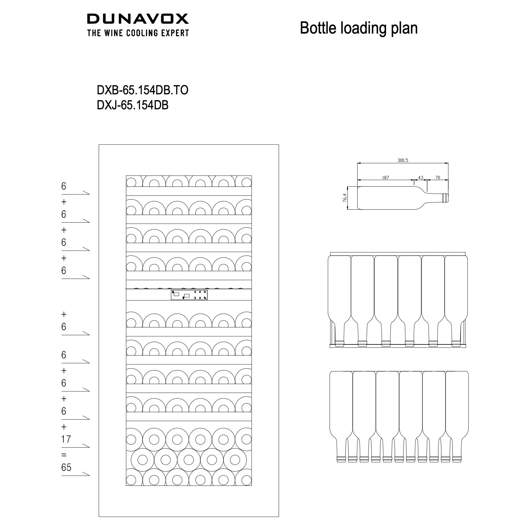 Dunavox Balance-65 Beladungsplan DXB-65.154DB mit Regalaufteilung für 65 Bordeaux-Flaschen in zwei Zonen