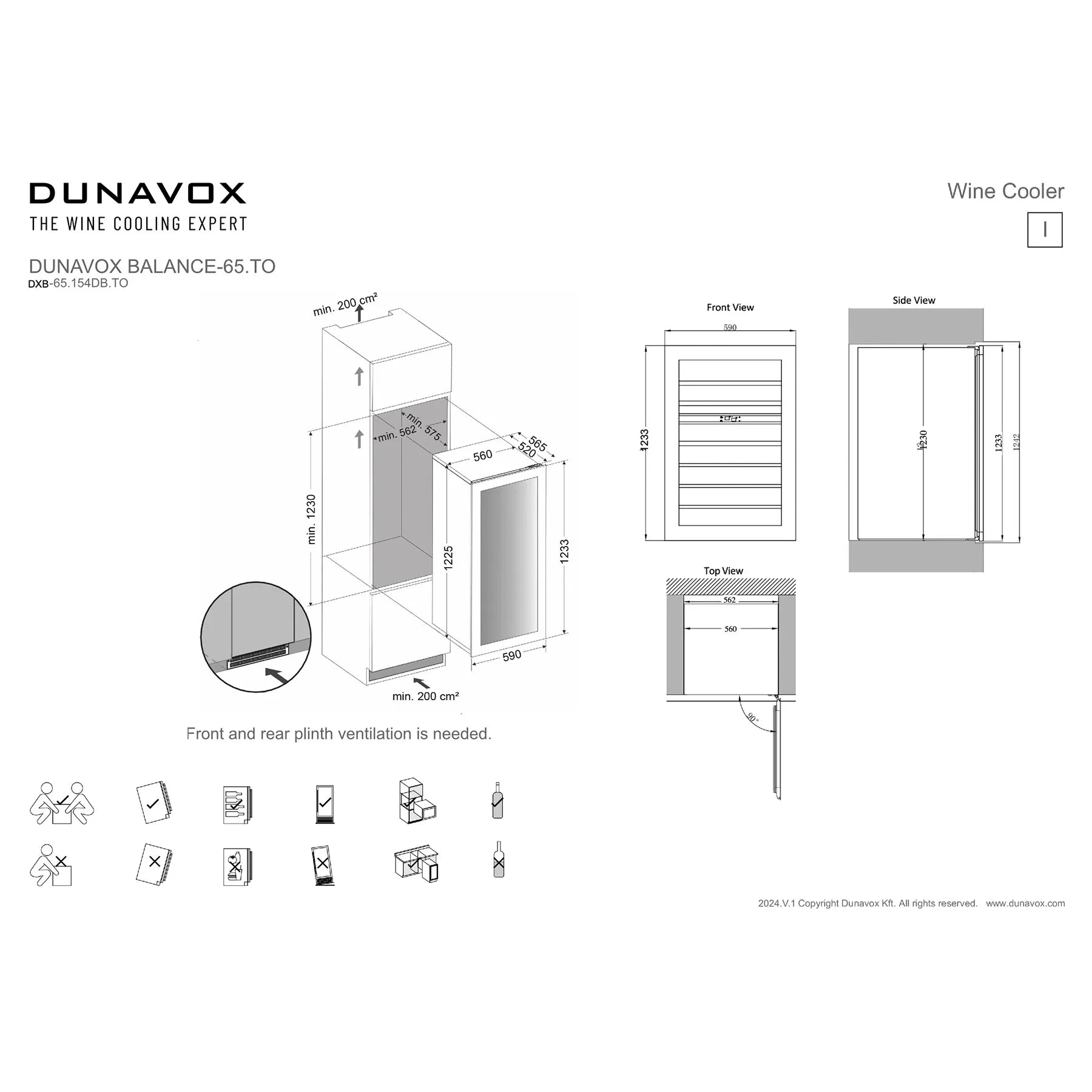 Dunavox Balance-65 Maßblatt DXB-65.154DB.TO mit Einbaumaßen, Front-, Seiten- und Draufsicht sowie Installationshinweisen