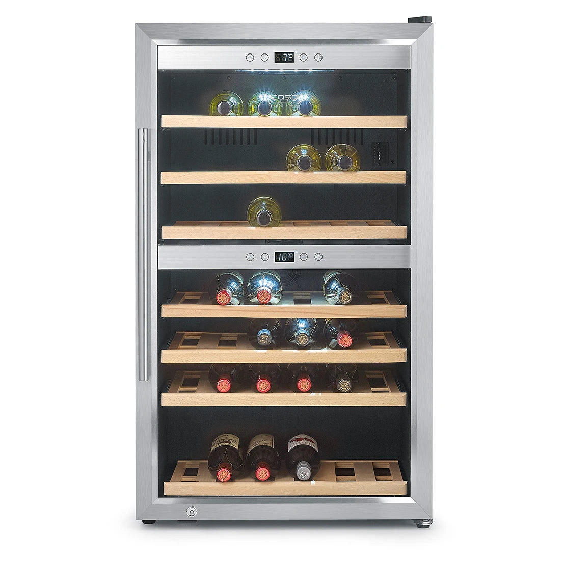 Freistehender Weinkühlschrank CASO Design WineComfort 660 Smart Frontansicht mit Flaschen