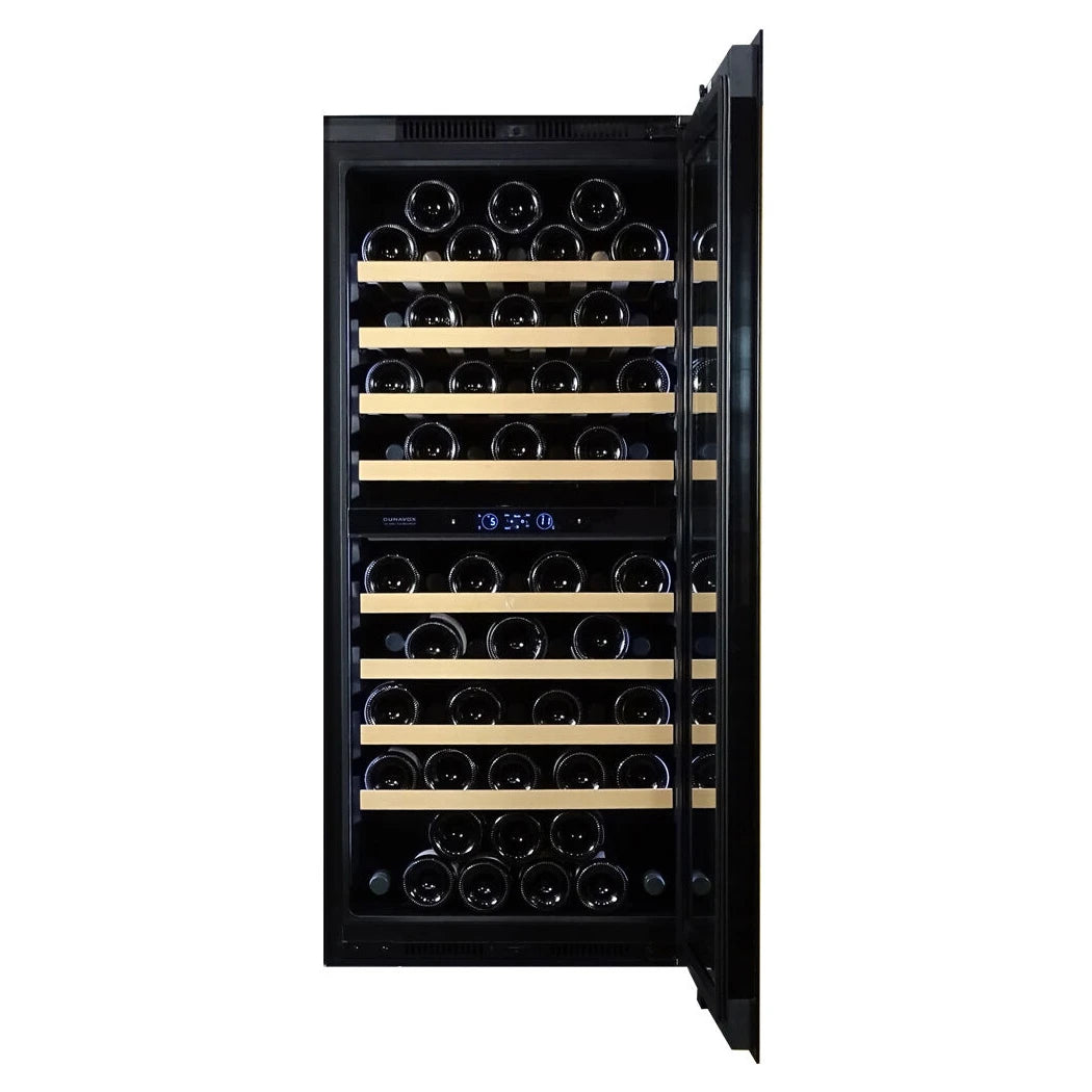 Dunavox Horizon-70 Weinkühlschrank mit geöffneter Tür, sichtbarem Innenraum mit Holzregalen und blauer LED-Steuerungsanzeige