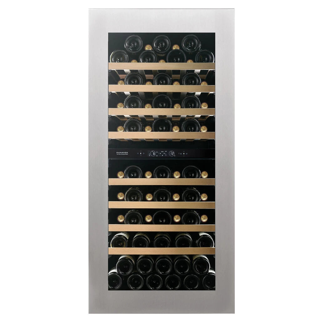 Dunavox Horizon-70 Weinkühlschrank mit Edelstahlrahmen, Glastür, Holzregalen und digitaler Zwei-Zonen-Steuerung, Frontansicht