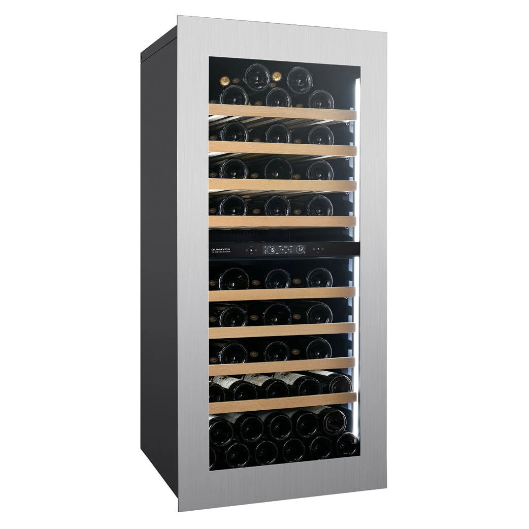 Dunavox Horizon-70 Weinkühlschrank in der Seitenansicht mit Edelstahlrahmen, Holzregalen und Zwei-Zonen-Steuerung