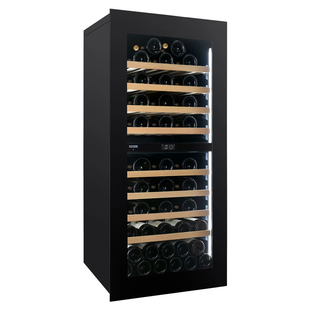 Dunavox Noble-70 Weinkühlschrank, Frontansicht mit schwarzem Gehäuse, Glastür, Holzregalen, LED-Beleuchtung und Bedienfeld