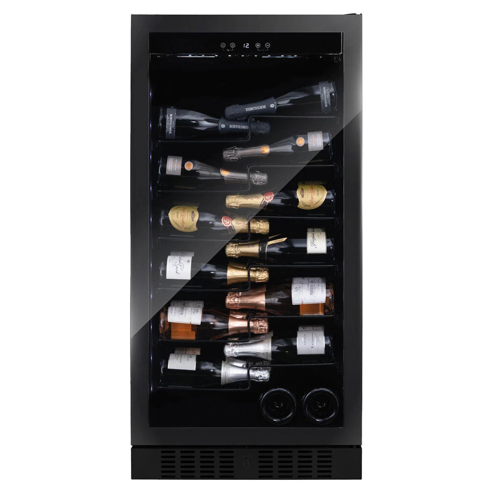 Dunavox Sera-70 Einzonen-Weinkühlschrank, vollbeladene Regalebenen mit Wein- und Champagnerflaschen, Frontalansicht