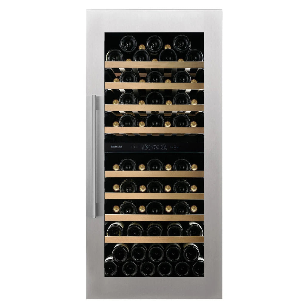 Dunavox Spirit-70 Weinkühlschrank mit Edelstahlrahmen, Holzregalen und digitaler Steuerung für 70 Flaschen, Frontansicht