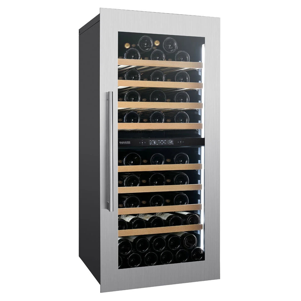Dunavox Spirit-70 Weinkühlschrank in der Seitenansicht mit Edelstahlrahmen, Holzregalen und Zwei-Zonen-Steuerung