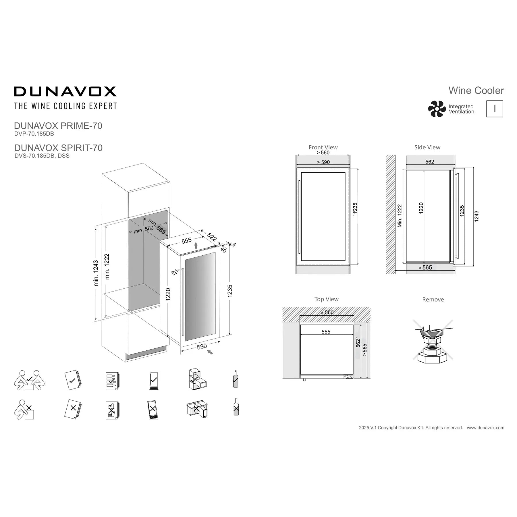 Maßzeichnung Dunavox Spirit-70 Weinkühlschrank mit Vorder- und Seitenansicht sowie Einbaumaßen für integrierten Einbau