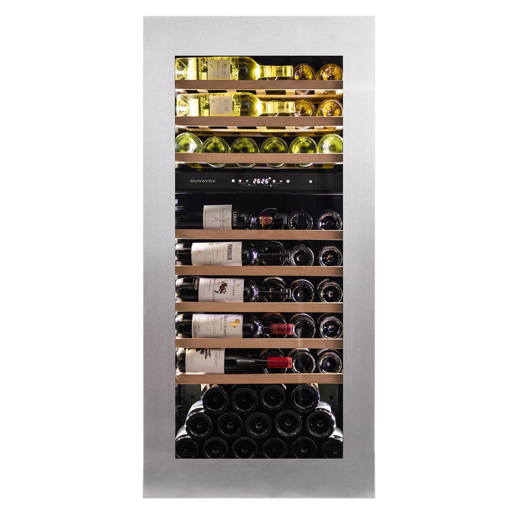 Dunavox Glance-72 Einbau-Weinkühlschrank mit Doppelzone, warmweißer LED-Beleuchtung und Buchenholzregalen für 72 Flaschen