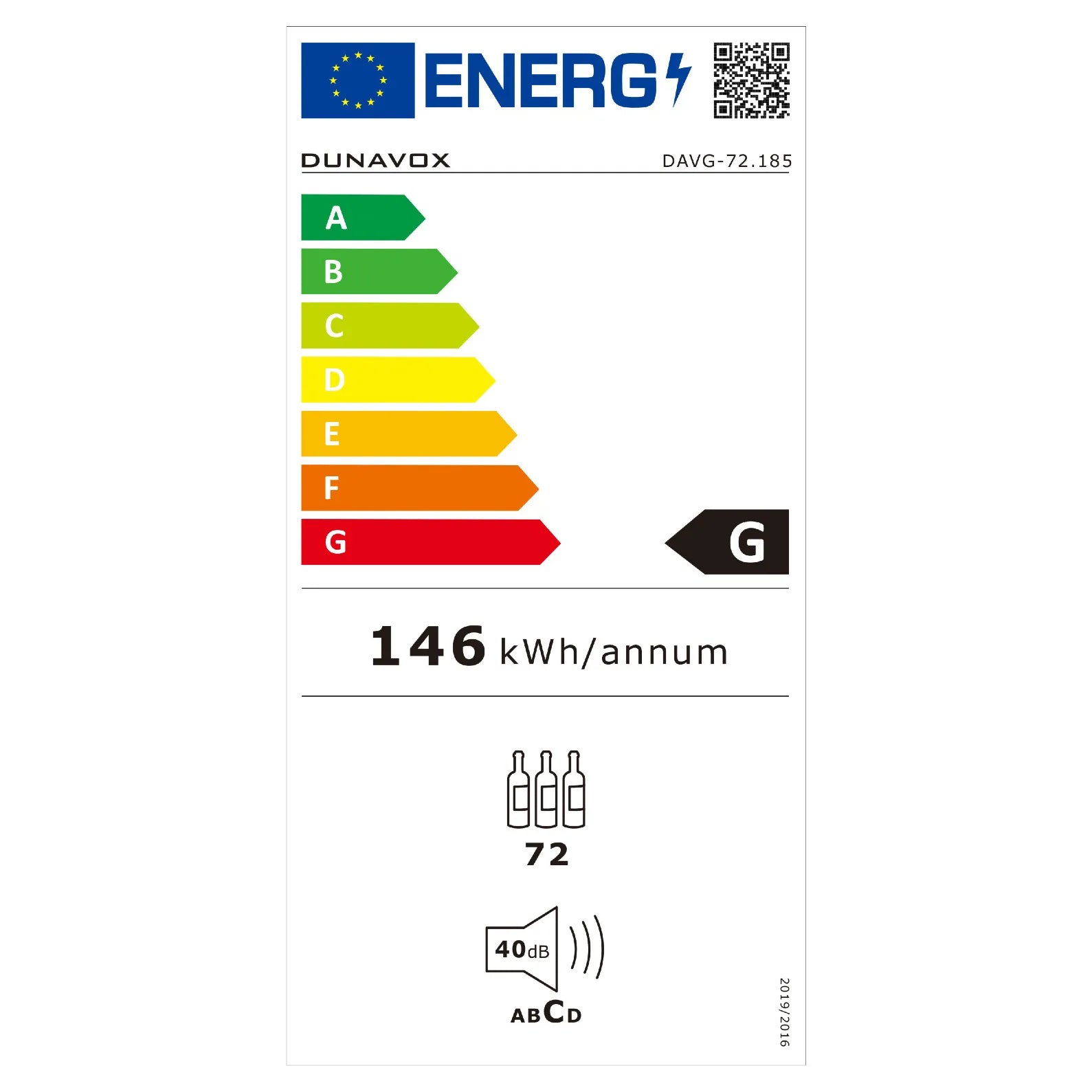 EU-Energielabel des Dunavox Glance-72 Weinkühlschranks, Energieklasse G, 146 kWh pro Jahr, 72 Flaschen, 40 dB