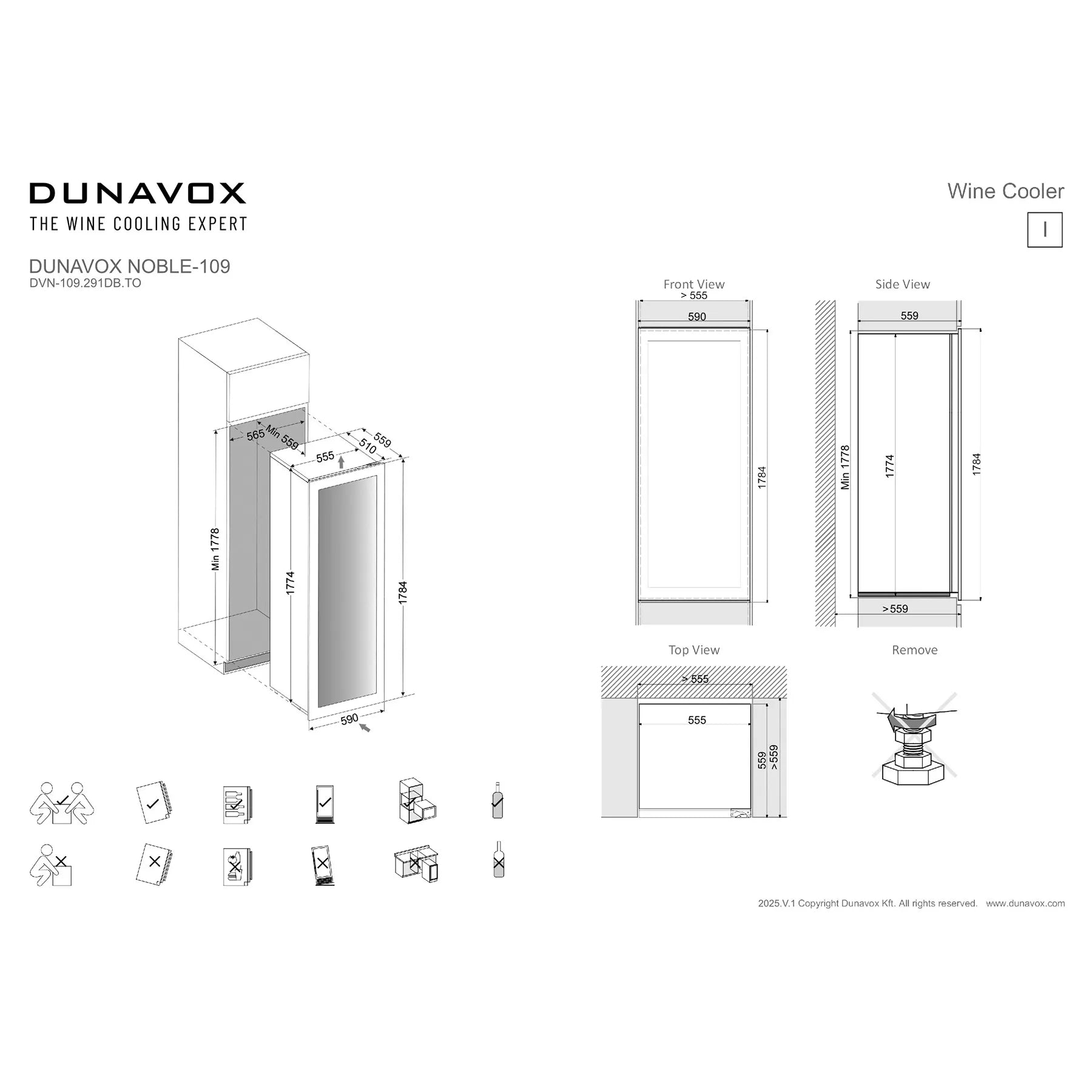 Maßzeichnung Dunavox Noble-72 Einbau-Weinkühlschrank mit Einbaumaßen in Vorder-, Seiten- und Draufsicht
