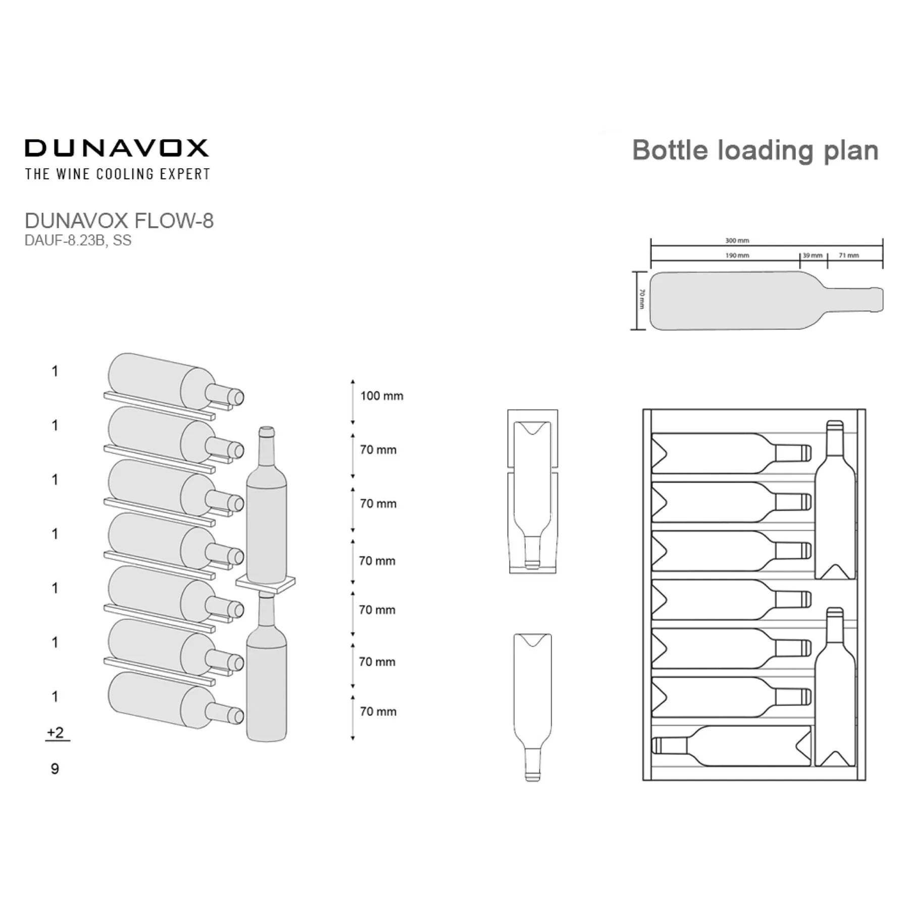 Beladungsplan Dunavox Flow-8 mit 9 liegenden Flaschen auf sieben Regalebenen, Maßangaben und Flaschendiagramm