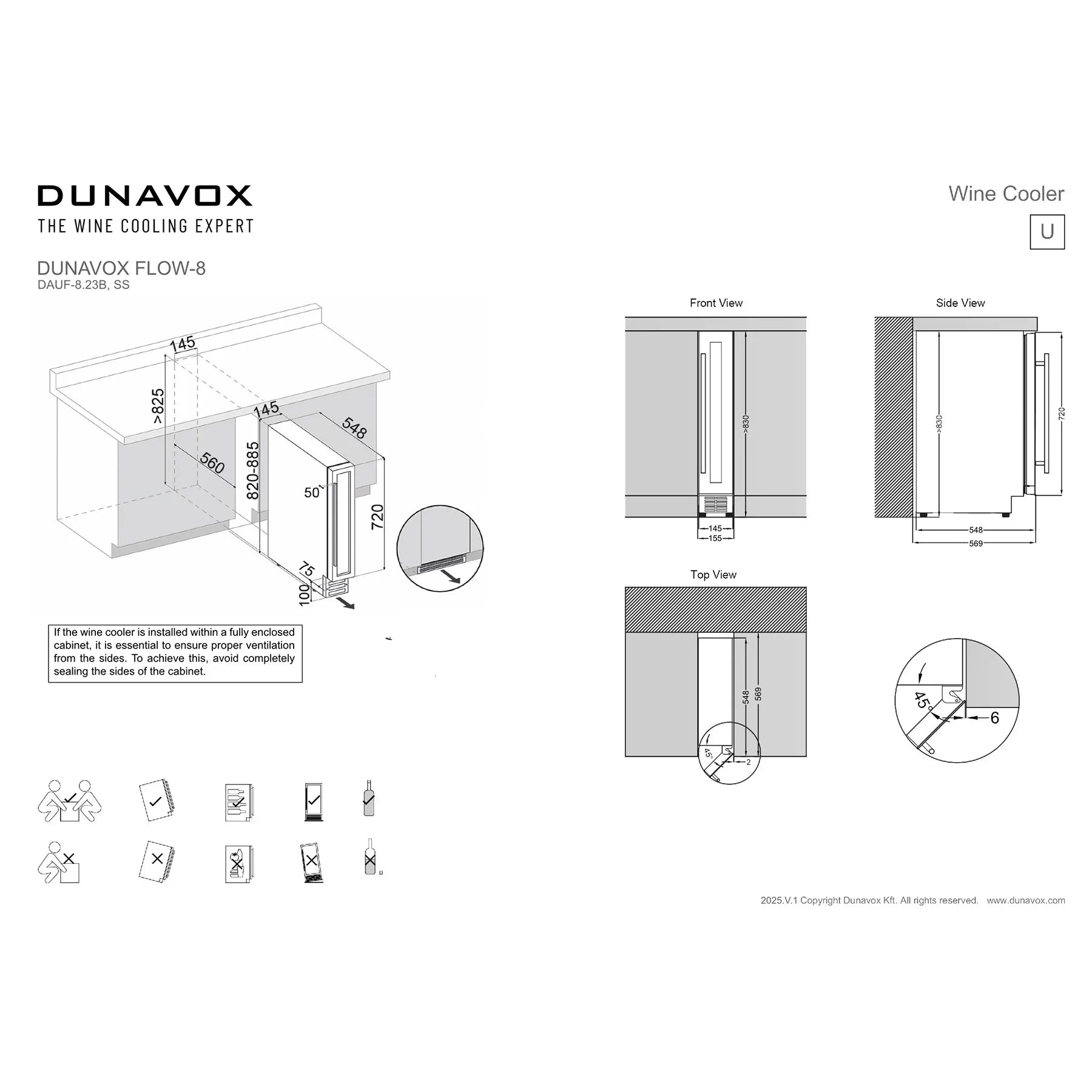 Technische Einbauzeichnung Dunavox Flow-8 Stainless mit Maßen, Front-, Seiten- und Draufsicht für Unterbauinstallation