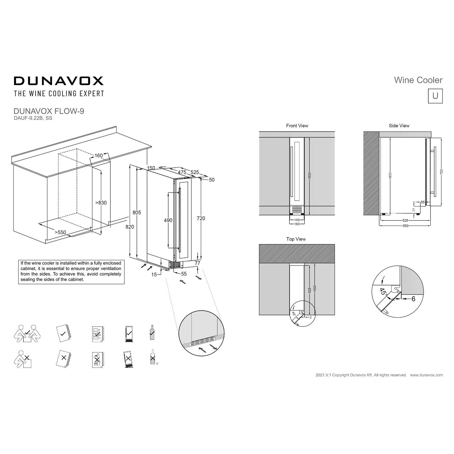 Technische Einbauzeichnung Dunavox Flow-9 Stainless mit Maßen, Front-, Seiten- und Draufsicht für Unterbaumontage