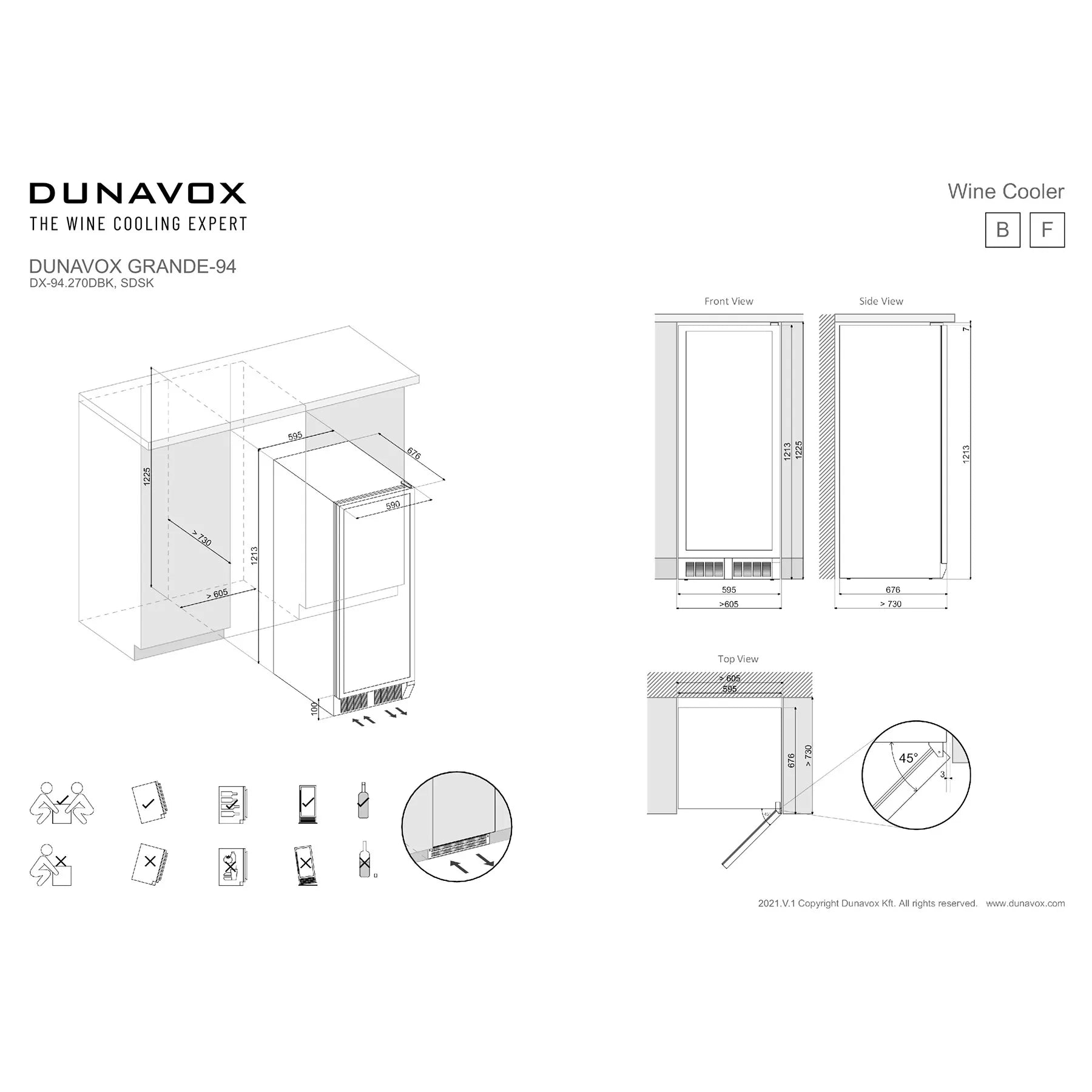 Dunavox Grande-94 technische Maßzeichnung, Frontansicht und Seitenansicht mit Einbaumaßen für freistehend oder Einbau