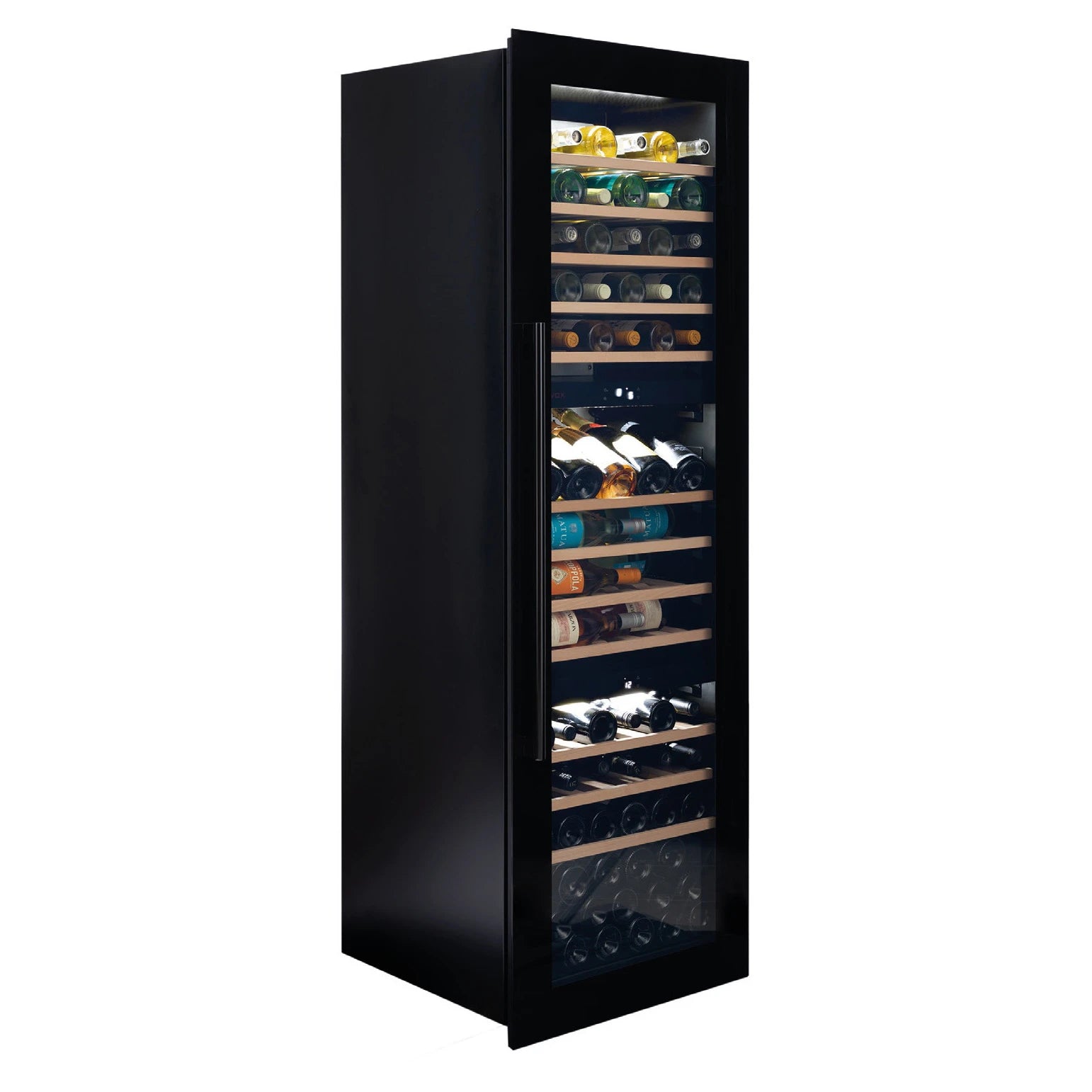 Dunavox Joy-89 Weinkühlschrank, geöffnete Tür zeigt Holzregale und Weinflaschen im vollintegrierten Einbaukühlschrank