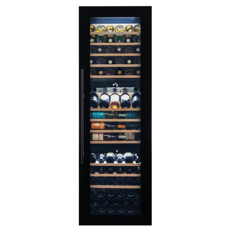 Dunavox Joy-89 vollintegrierter Einbau-Weinkühlschrank, schwarzes Gehäuse mit Glastür, Holzregale mit Weinflaschen
