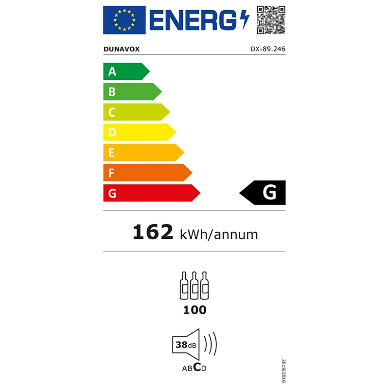 Dunavox Joy-89 EU-Energielabel, Effizienzklasse G, Jahresverbrauch 162 kWh, EU-Kapazität 100 Flaschen, Geräuschpegel 38 dB