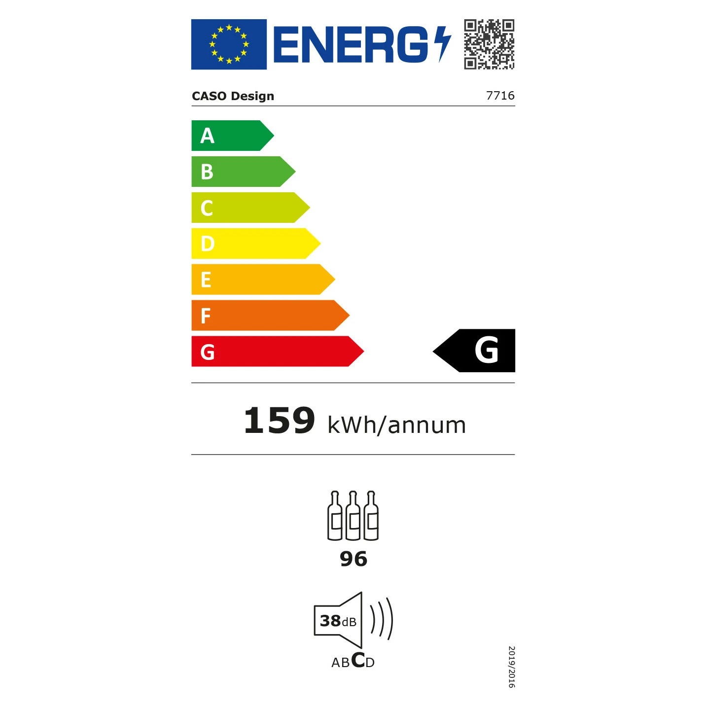 Energielabel Einbau-Weinkühlschrank CASO Design WineDeluxe WD 96, Energieeffizienzklasse G
